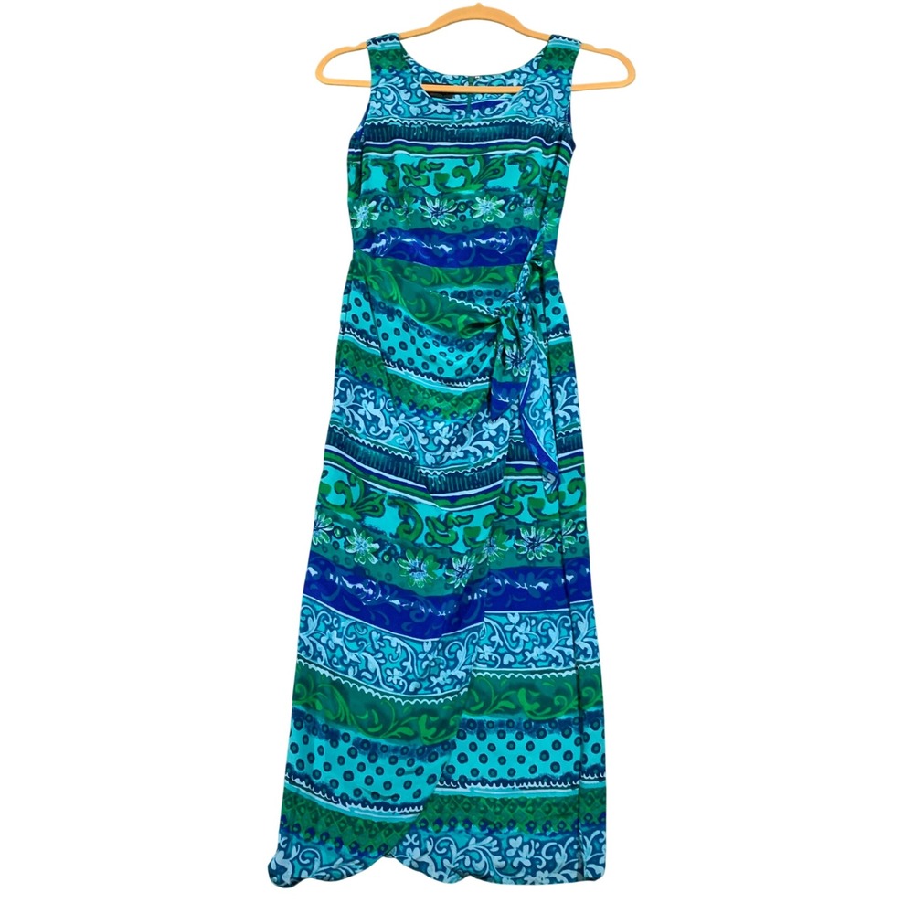 Spenser Jeremy Vintage 90s 100% Silk Blue Green Abstract Floral Maxi Dress 4